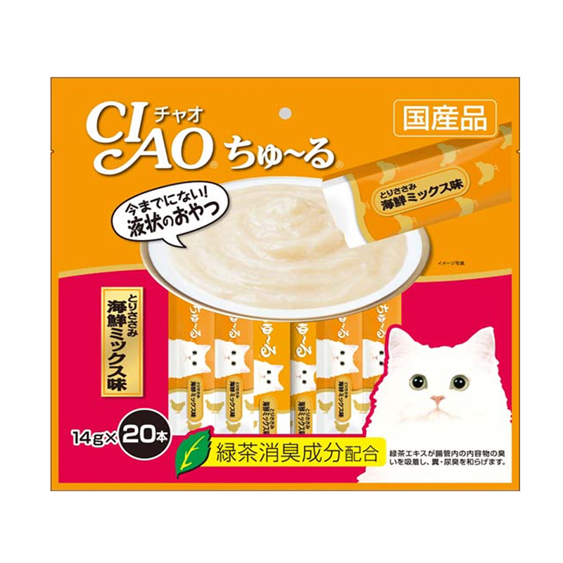 CIAO ชูหรุ - ขนมครีมแมวเลีย เนื้อสันในไก่ผสมซีฟู้ด 14gx20 (SC-128)