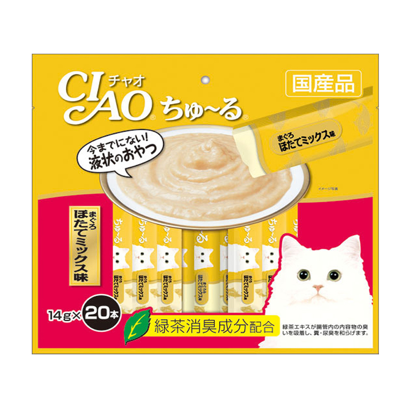 CIAO ชูหรุ - ขนมครีมแมวเลีย ปลาทูน่าผสมหอยเซลล์ 14gx20 (SC-129)