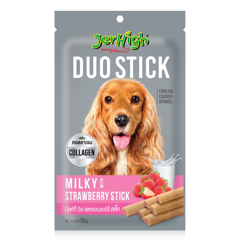 JERHIGH DUO STICK MILKY STRAWBERRY 50g สติ๊กสอดไส้รสนมสตอเบอร์รี่  ขนมสุนัข