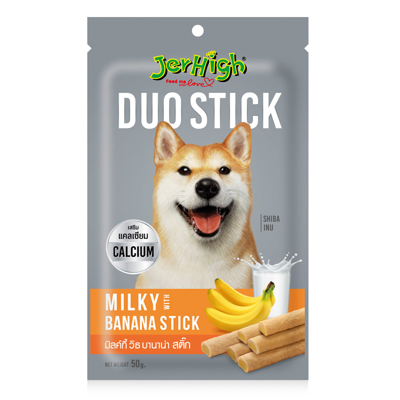 JERHIGH DUO STICK MILKY BANANA 50 g สติ๊กสอดไส้รสนมกล้วย  ขนมสุนัข