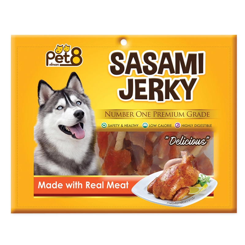 PET8 Sasami Jerky 360g สันในไก่เสียบแท่งเกลียว (ต้นสน) JJ406  ขนมสุนัข