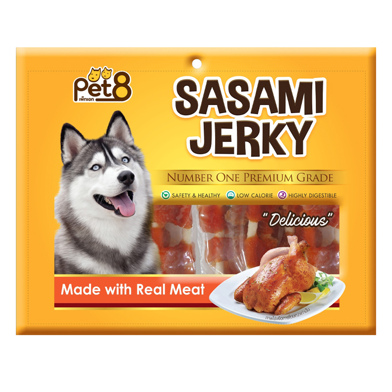 PET8 Sasami  สันในไก่เสียบแท่งหนังเกลียว 360g JJ408  ขนมสุนัข