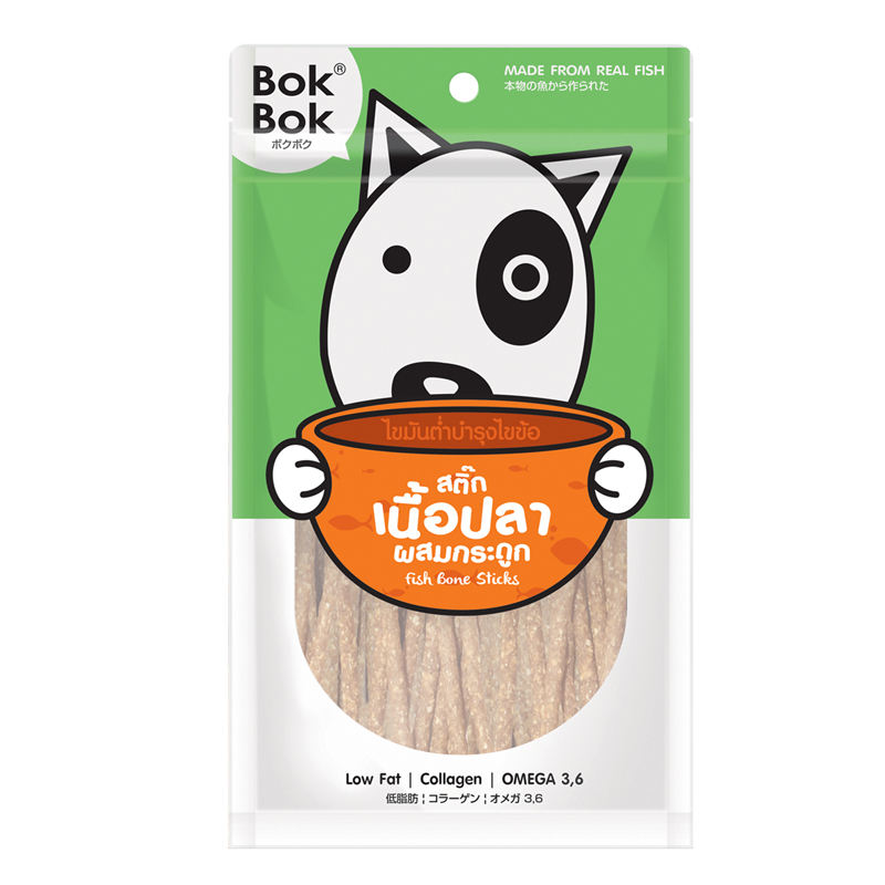 BOKBOK ขนมเนื้อปลาผสมกระดูก 150 กรัม  ขนมสุนัข