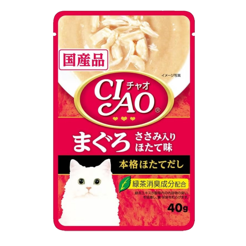 Ciao Pouch 40g อาหารเปียกสำหรับแมว  ทูน่ามากุโร่+สันในไก่หอยเชลล์