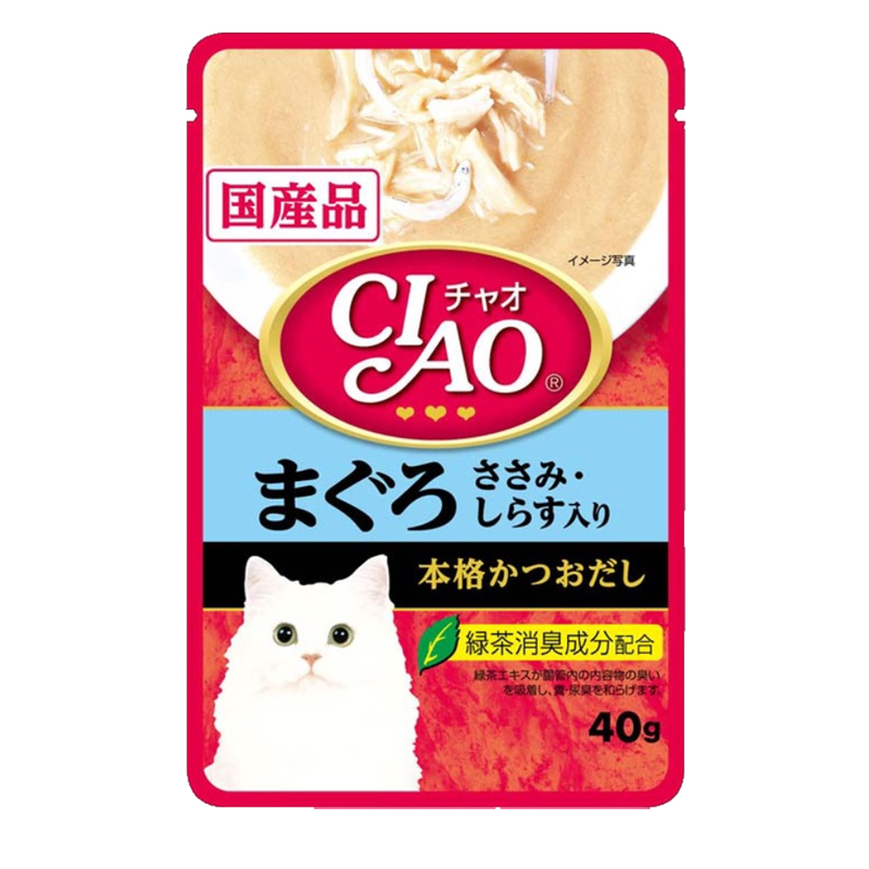 Ciao Pouch 40g อาหารเปียกสำหรับแมว ทูน่ามากุโร่+สันในไก่หน้าปลาข้าวสาร