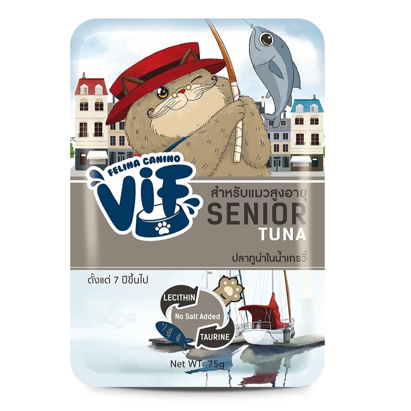 Felina vif cat Senior 75g ปลาทูน่าในน้ำเกรวี่
