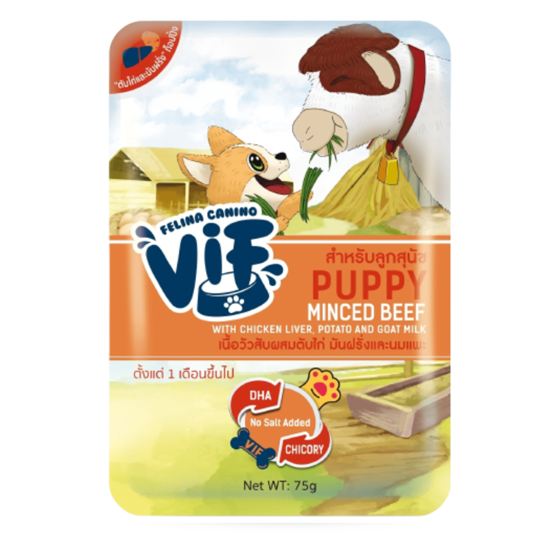 Felina vif dog 75g Puppy เนื้อวัวตับไก่ มันฝรั่งและนมแพะ