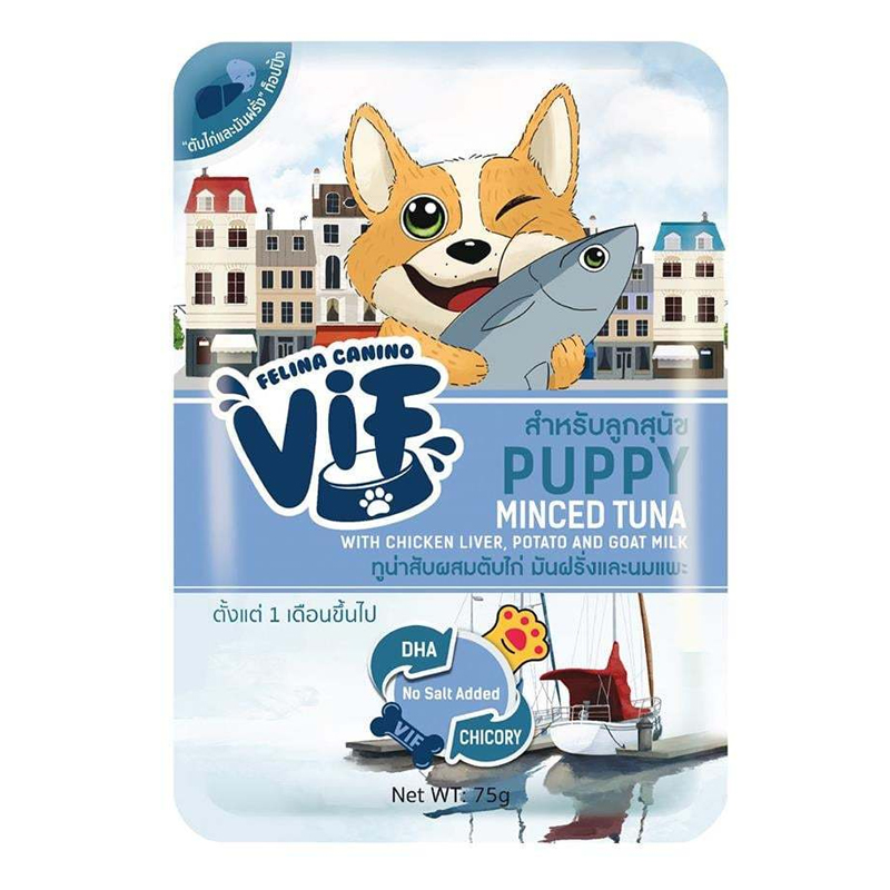 Felina vif dog 75g Puppy ทูน่า ตับไก่ มันฝรั่งและนมแพะ