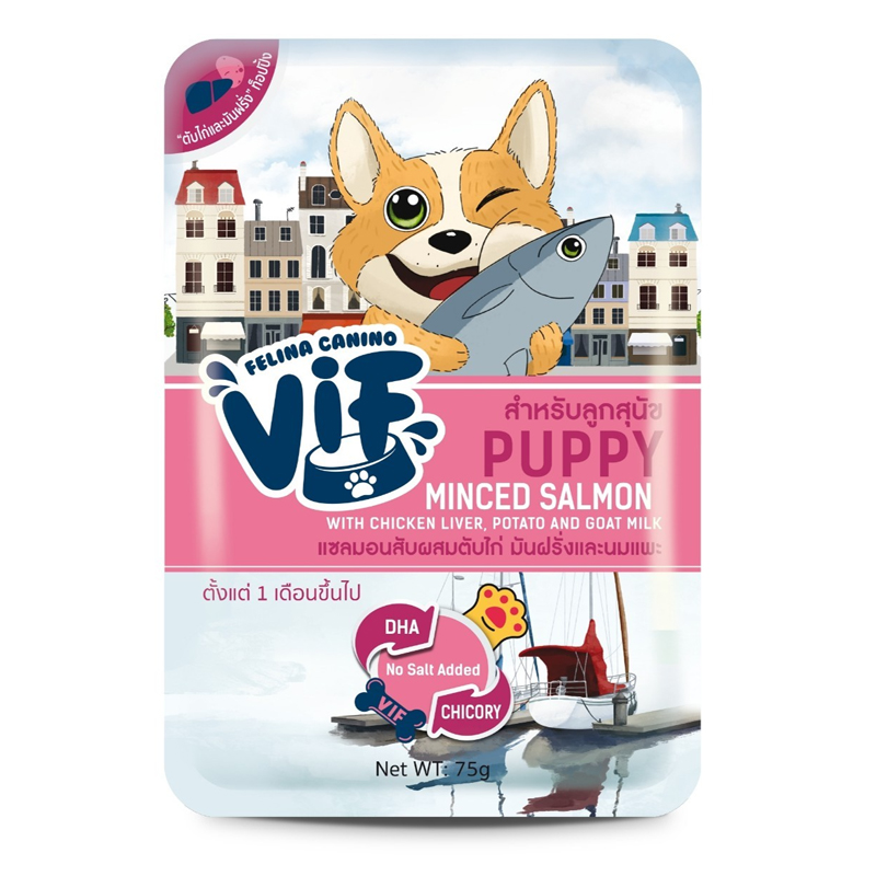 Felina vif dog 75g Puppy แซลมอนผสมตับไก่ มันฝรั่งและนมแพะ