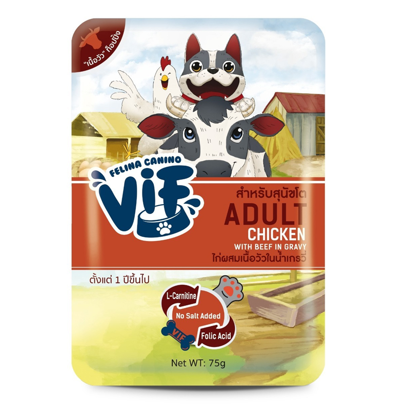 Felina vif dog 75g Adult ไก่ผสมเนื้อวัวในน้ำเกรวี่