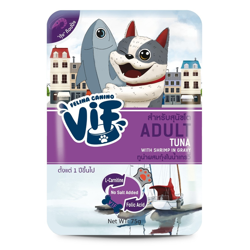 Felina vif dog 75g Adult ทูน่าผสมกุ้งในเกรวี่