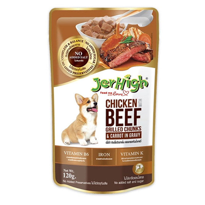 Jerhigh อาหารเปียกสูตรเนื้อไก่ เนื้อวัว และแครอทในเกรวี่ 120 กรัม