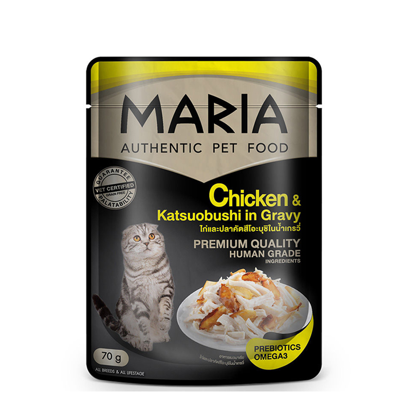 Maria cat อาหารเปียกแมวไก่และปลาคัตสึโอะบูชิชในเกรวี่ 70 กรัม