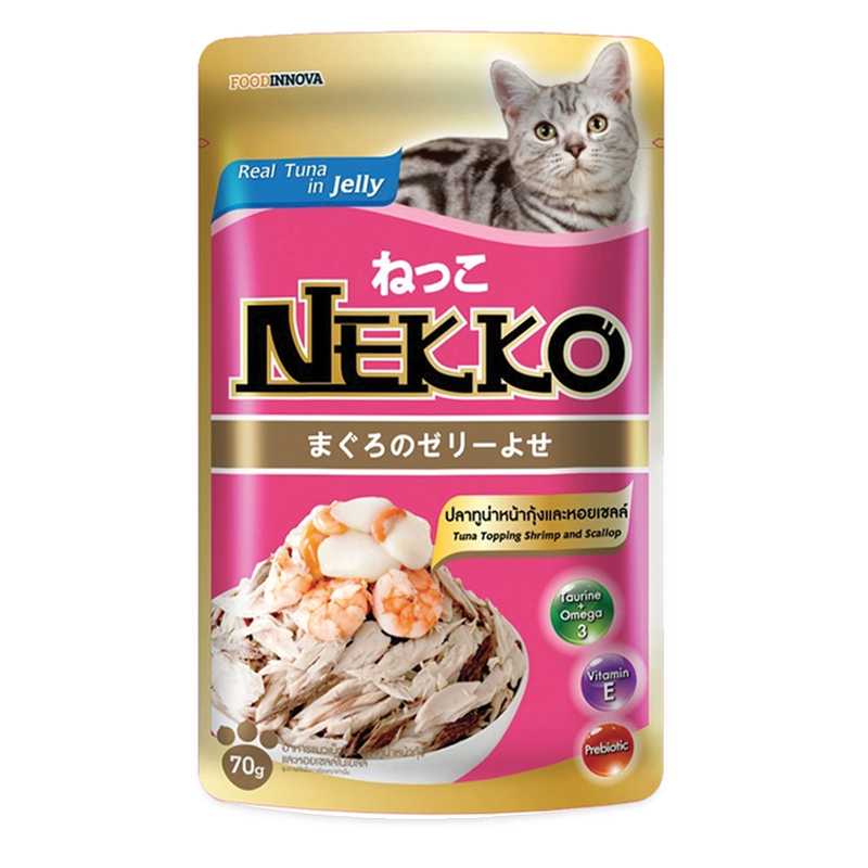 NEKKO อาหารเปียกสำหรับแมว ปลาทูน่าหน้ากุ้งและหอยเชลล์ในเยลลี่ 70 g