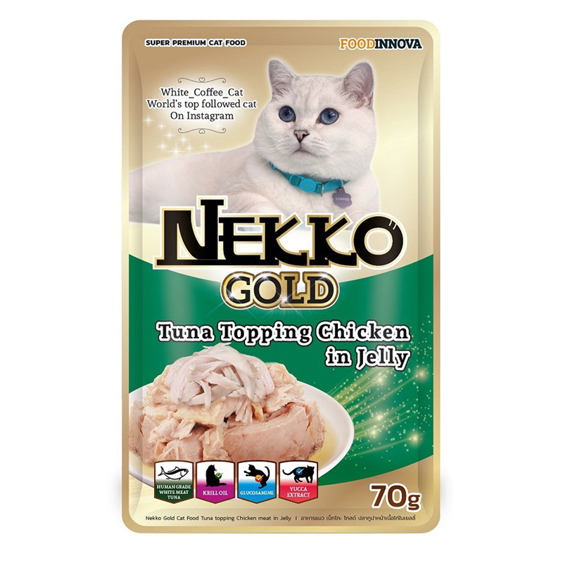 Nekko Gold อาหารแมวสูตรพรีเมี่ยม 70 กรัม ทูน่าและไก่ในเยลลี่