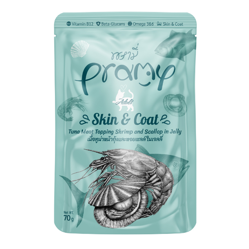 Pramy เเมวโต เนื้อทูน่าหน้ากุ้งและหอยเชลล์ในเจลลี่ 70g