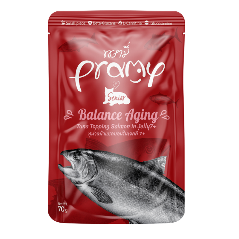 Pramy อาหารเปียกแมว สูตรสูงวัย 7+ รสทูน่าแซลมอนเยลลี่ 70g